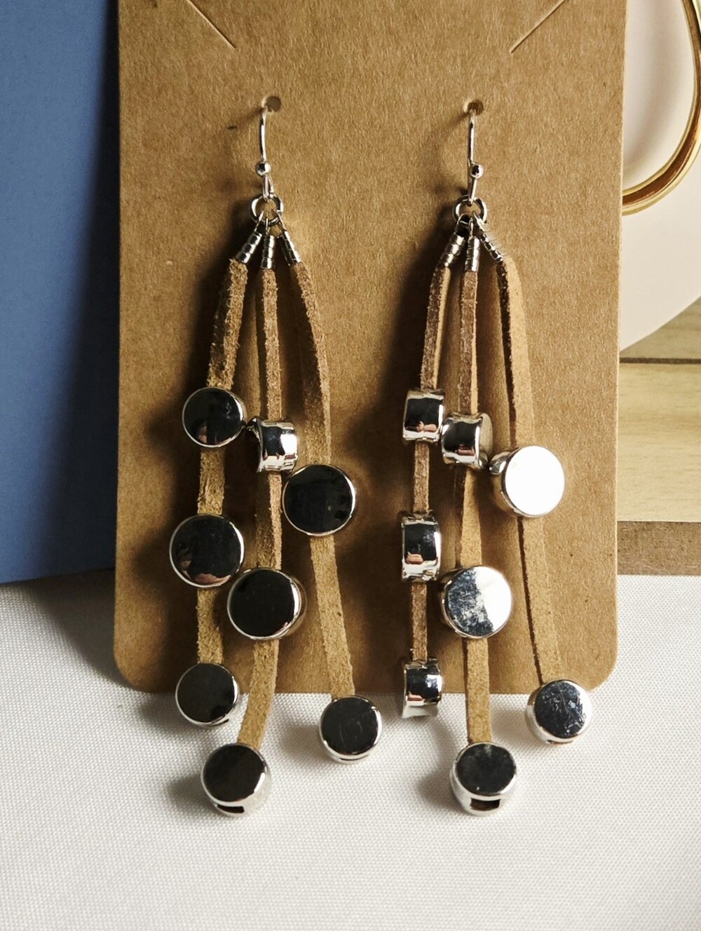 Handcrafted Tan Suede & Silver Dangle Earrings - Women Jewelry